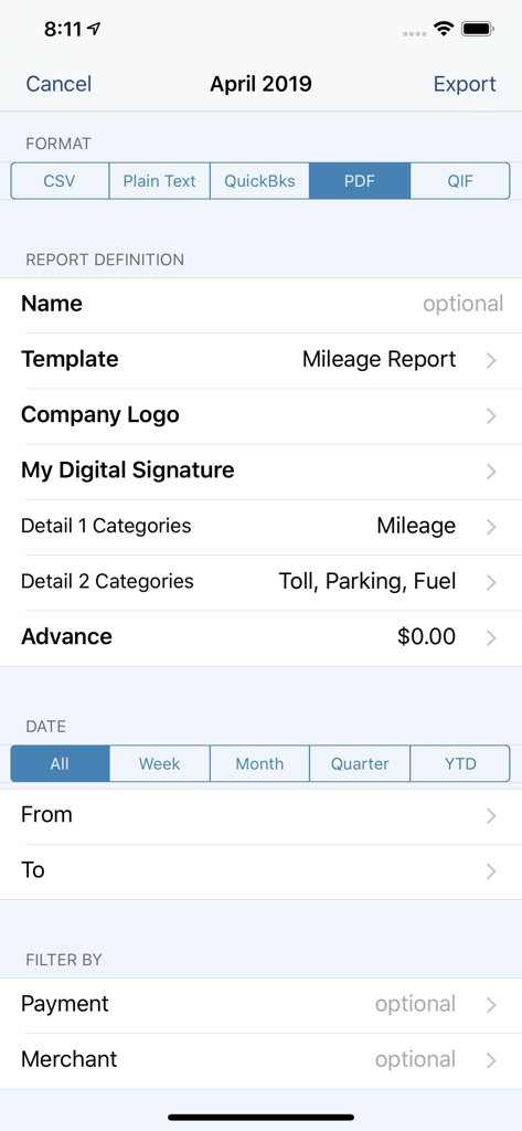 MileTracker - MileTracker app screen for exporting mileage reports with options for format and date range.