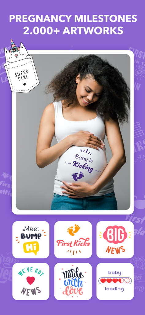 Baby Photo Editor: Pic Journal - Una mujer embarazada con lindas pegatinas de hitos y obras de arte digitales para seguir el progreso del embarazo.