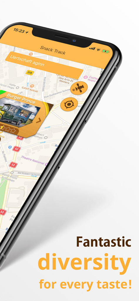 Snack Track - Application mobile Snack Track affichant une interface de carte pour trouver des food trucks locaux comme Burger Prince
