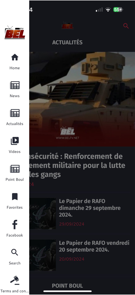 Bel Tv - Menu de navegação do aplicativo móvel Bel Tv mostrando as seções de notícias e vídeos