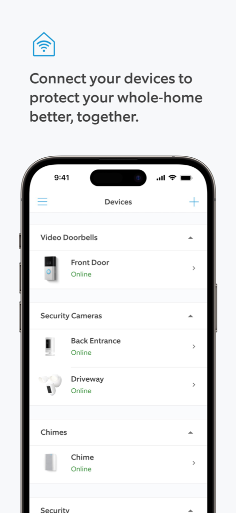 L'interface de l'application Ring affiche la liste des appareils domotiques connectés, notamment les sonnettes vidéo et les caméras de sécurité.