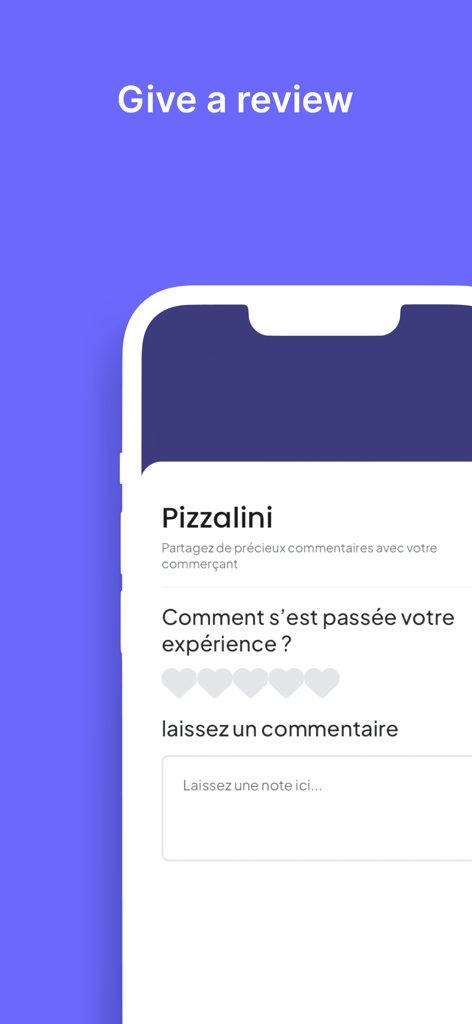 Interfaz de la app Badger Cards mostrando un formulario de reseña para un negocio local con calificaciones de corazones y una sección de comentarios.