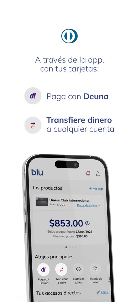 blu de Diners Club - App mobile blu de Diners Club che mostra il saldo del conto e le opzioni di pagamento