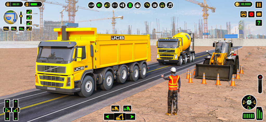 Real Excavator Construction 3D - Construction site gameplay showing a yellow dumper truck cement mixer and wheel loader