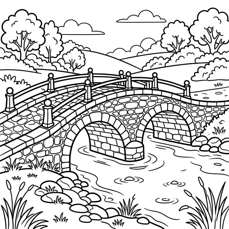 Embark on a creative adventure with this delightful stone bridge coloring page, perfect for young explorers. Children will love bringing this scenic landscape to life with their favorite colors.