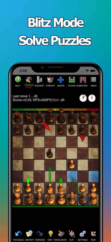 Pantalla de la aplicación Chess Pro que muestra el Modo Blitz y el análisis de movimientos en un tablero de ajedrez de madera