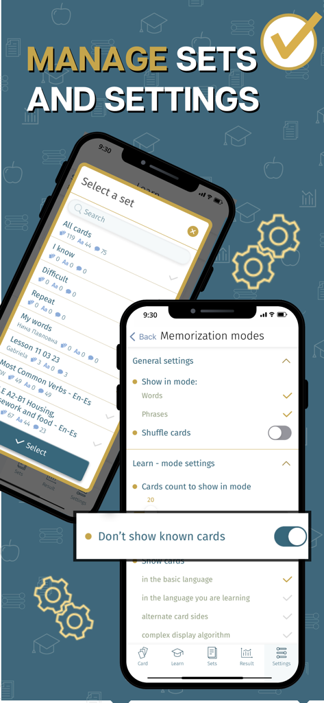 Interface for managing flashcard sets and memorization settings in the MemoWord app