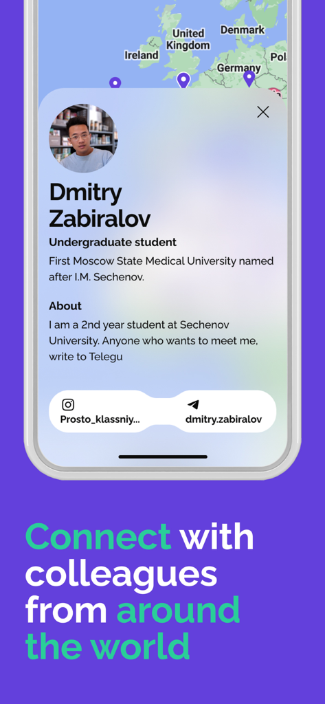 덴탈 스킬 앱 네트워킹 화면에 학생 프로필과 전 세계 치과 동료들과 연결하기 위한 지도가 표시됩니다.