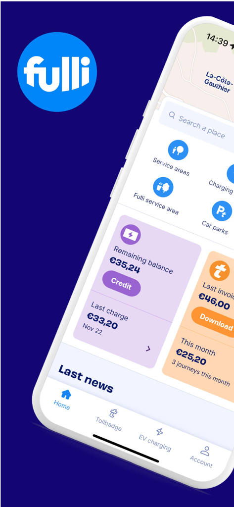 Fulli - Fulli mobile app dashboard showing toll badge account and EV charging balance