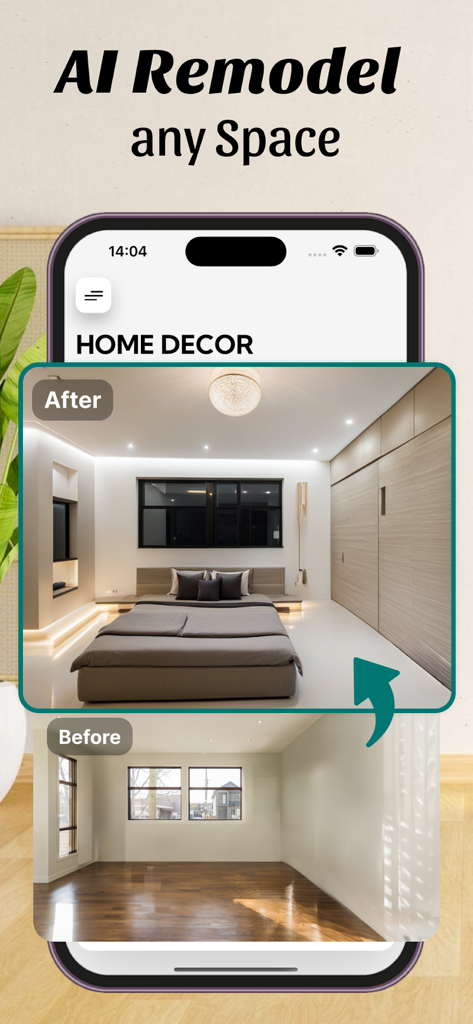 AI Interior Design Decor Home. - AI搭載の部屋のリフォーム前後比較、モダンな寝室のデザインを表示