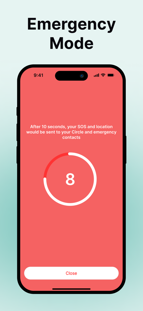 Fime: Phone Tracker GPS Locate - Emergency Mode screen in the Fime app showing a ten second SOS countdown timer to notify emergency contacts.