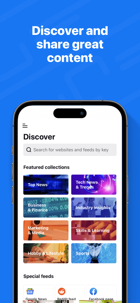 Inoreader mobile app discover screen featuring curated news collections and special feeds