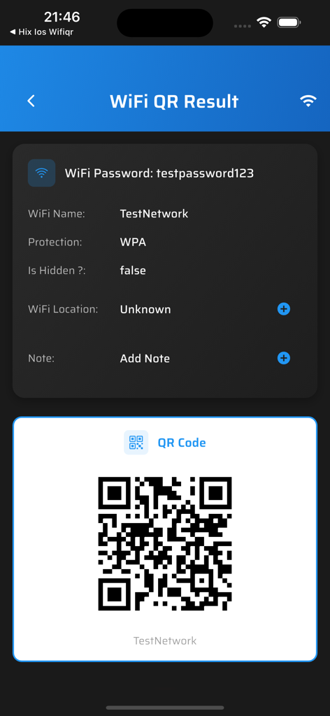 WiFi QR code scanner result screen showing network name password and security type