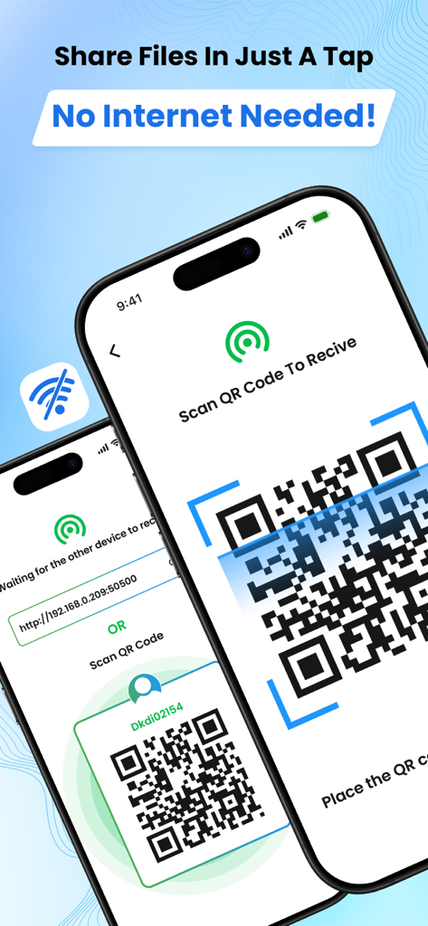 Two iPhones using the AnyShare app to transfer files by scanning a QR code without an internet connection.