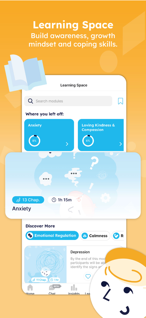 Zoala - Zoala app learning space interface featuring modules for anxiety, emotional regulation, and mental wellness skills for adolescents.