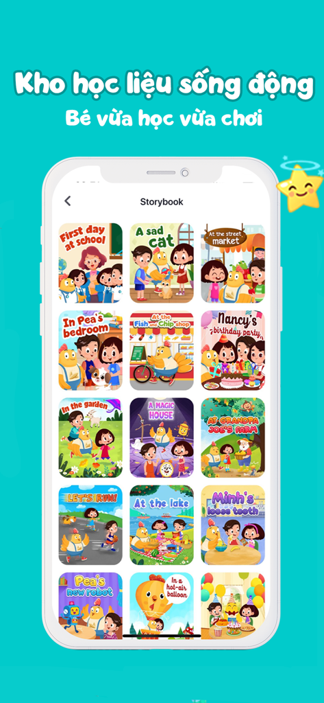 Interfaz de la aplicación EDUPIA KID que muestra una colorida biblioteca digital de libros de cuentos ilustrados en inglés para niños.