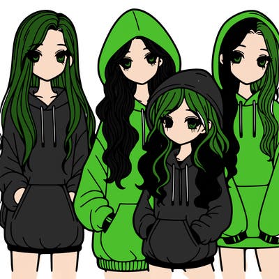 4 girls, one with long straight hair, one with long wavy hair, one with short curly hair, one with short straight hair, all wearing oversized hoodies