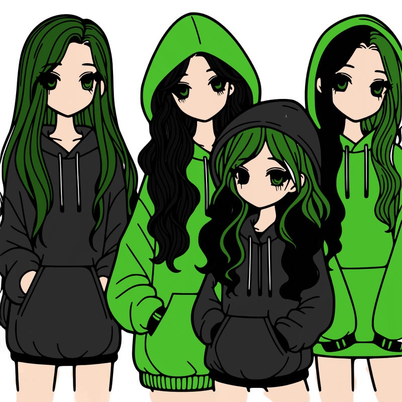 4 girls, one with long straight hair, one with long wavy hair, one with short curly hair, one with short straight hair, all wearing oversized hoodies