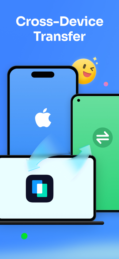 Grafik, die die Datenübertragung zwischen einem iPhone, einem Android-Gerät und einem Laptop-Bildschirm zeigt.