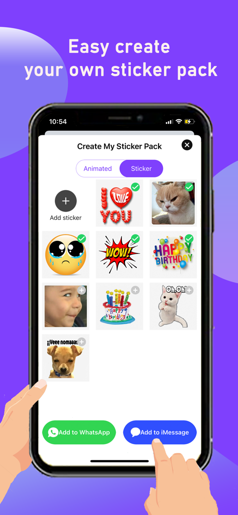 Text Stickers - Sticker Maker - Écran d'application mobile montrant la création d'un pack d'autocollants personnalisé avec des boutons pour exporter vers WhatsApp et iMessage.