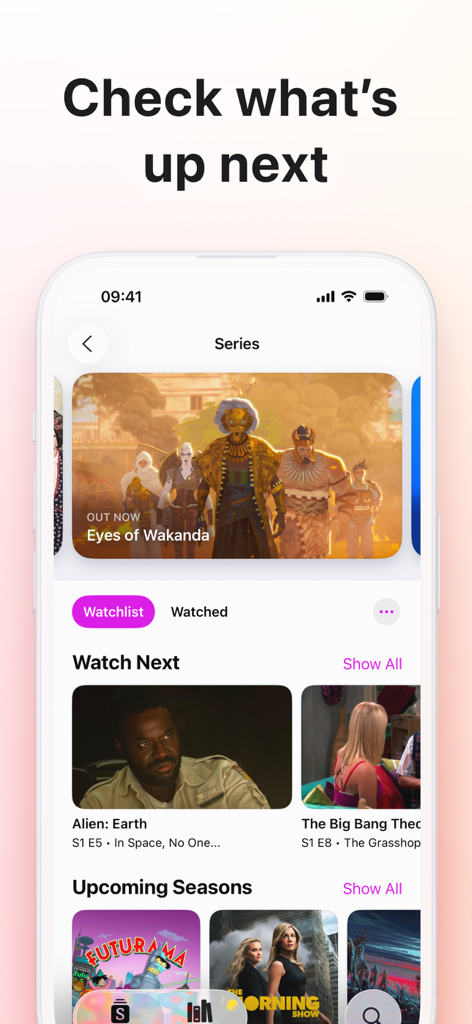 Screenshot of the Sequel app interface showing the series watchlist and upcoming seasons