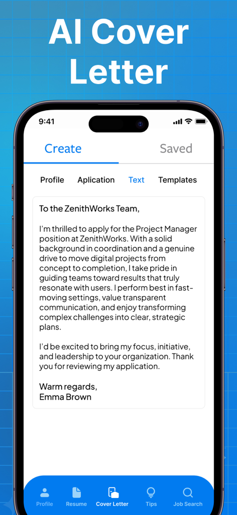 Resume Builder & CV Maker AI - Mobile App-Oberfläche, die ein KI-generiertes Anschreiben für eine Projektmanager-Position zeigt