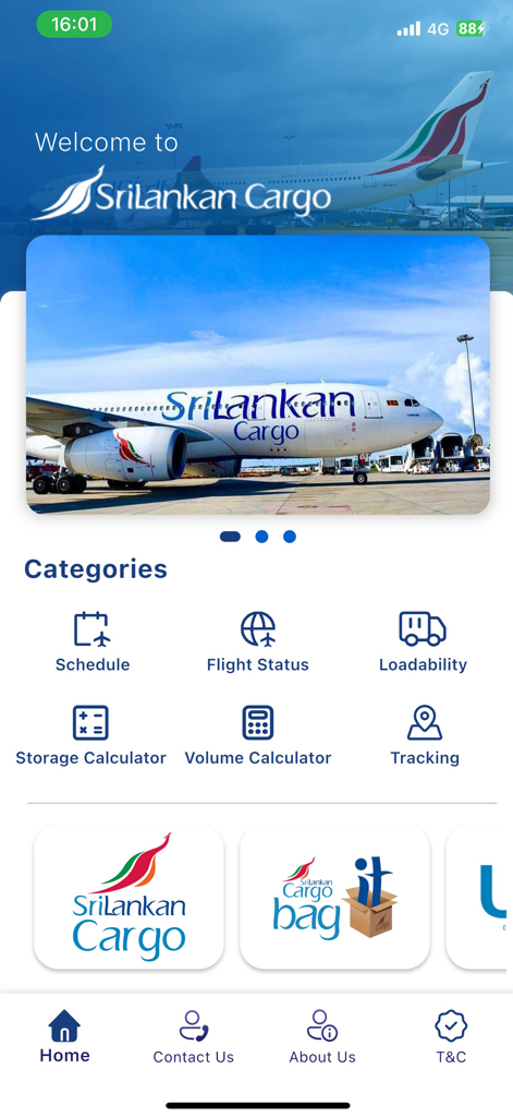 SriLankan Cargo - Home screen of the SriLankan Cargo app displaying logistics tools like flight status tracking and cargo calculators