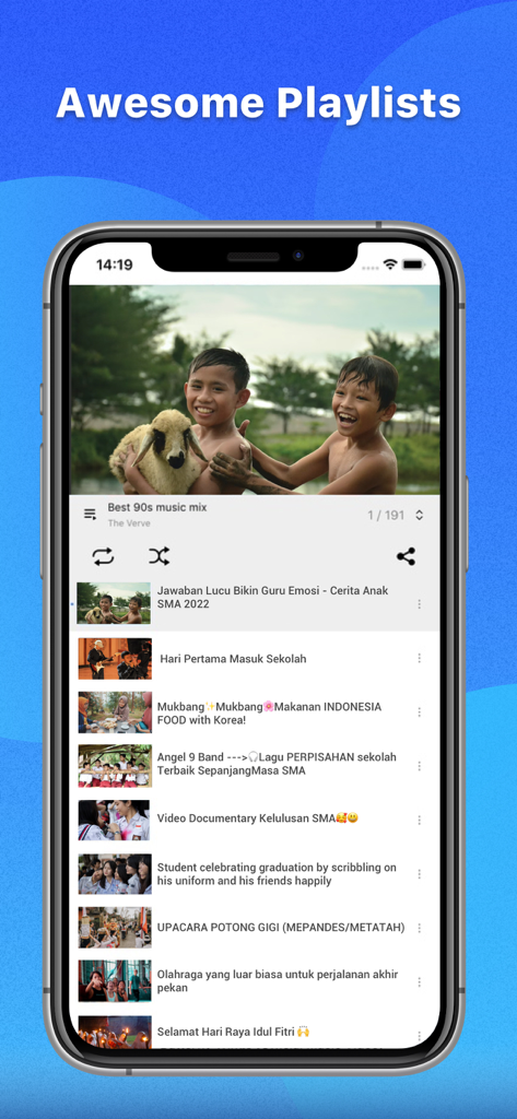 Gotube app showing a video playlist and music player interface on a smartphone