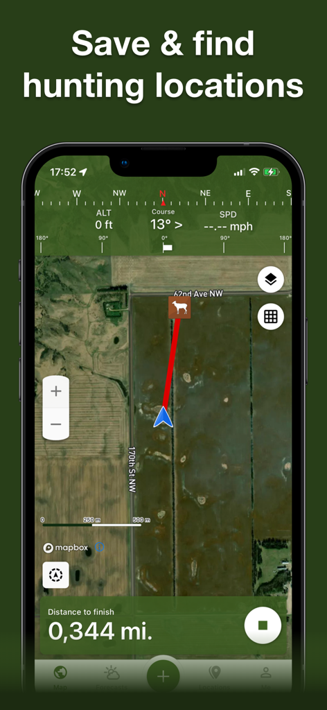 Hunting Points: GPS & Hunt App - Screenshot of Hunting Points app showing a satellite map with a navigation path to a deer waypoint
