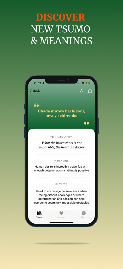 A mobile screen from the Tsumo by NhakaBox app displaying a Shona proverb with its English translation and meaning