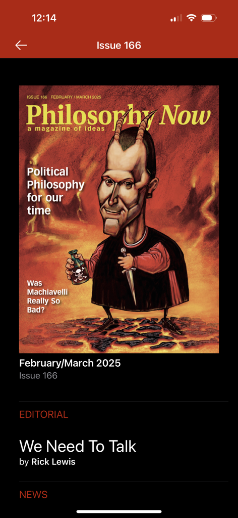 Philosophy Now - Philosophy Now magazine app showing issue 166 with a cover illustration of Machiavelli