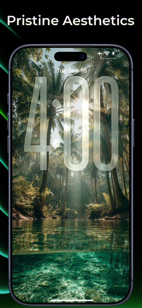 Wallpapers Now - Pantalla de bloqueo de iPhone con un fondo de pantalla de naturaleza tropical y un reloj estilo cristal líquido.