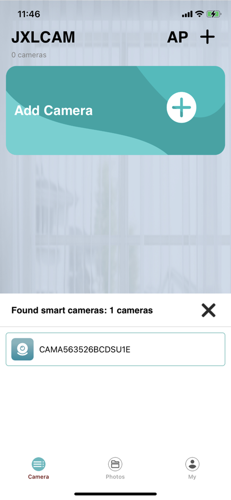 JXLCAM 网络视频监控系统 - JXLCAM app interface showing a detected smart camera device ready for setup