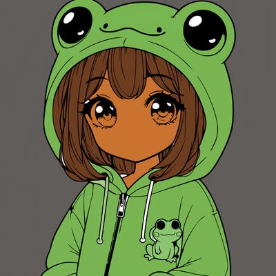 cute realistic girl in a froggy hoodie