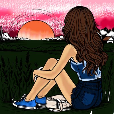 realistic girl sitting and watching the sunset