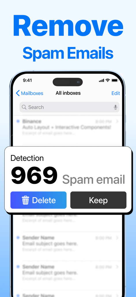 Interface of AI Cleaner app showing a detection popup for 969 spam emails with delete and keep options