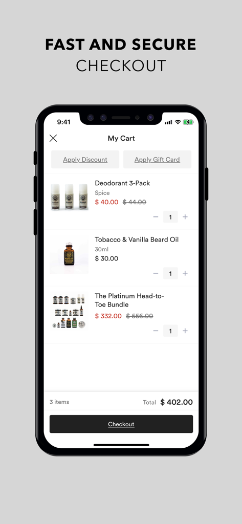 The Bearded Chap - Mobile app interface for The Bearded Chap showing a shopping cart with premium grooming products and a checkout option