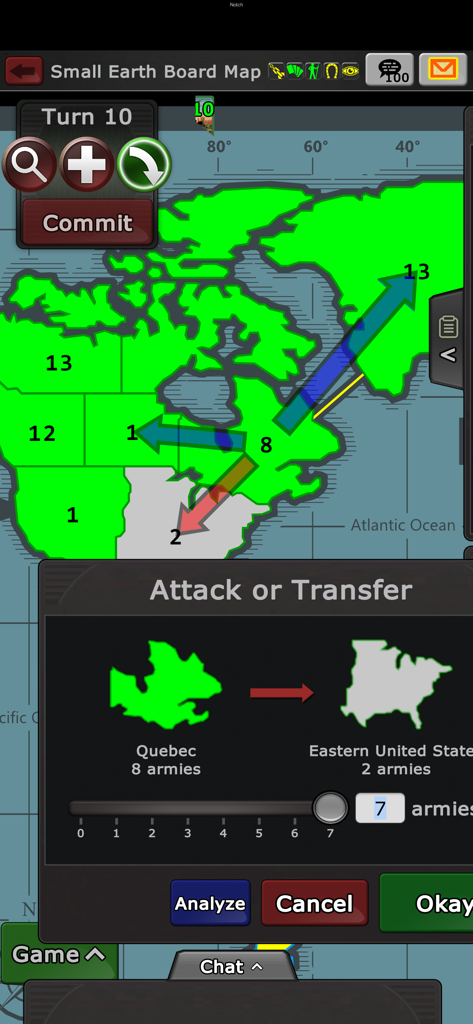 Warzone - turn based strategy - Gameplay screen of Warzone turn based strategy showing a map with troop movement arrows and an attack menu.