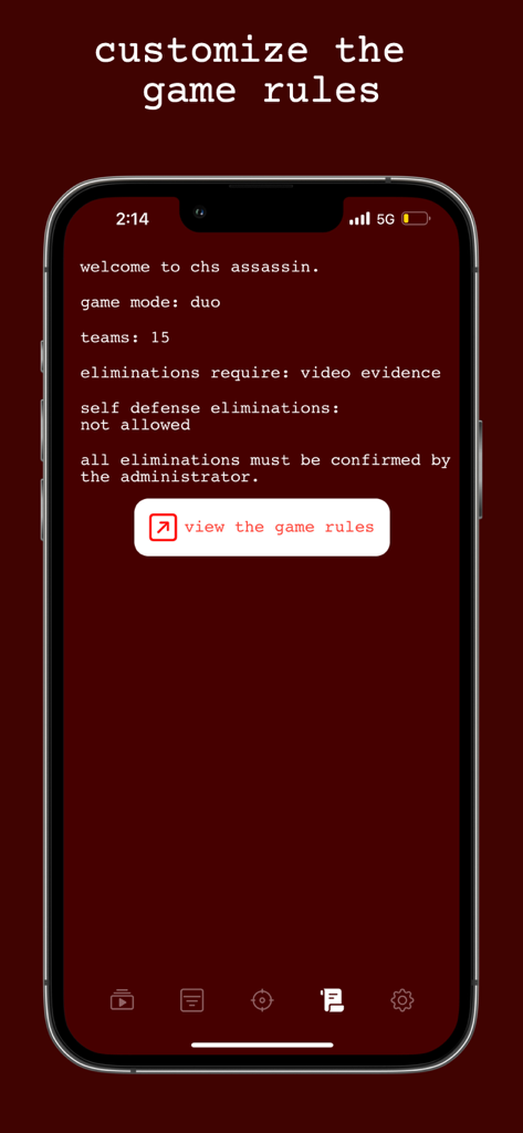 assassin. - Screenshot of the assassin. mobile app showing custom game rules for a duo mode senior assassin tournament with team settings and elimination requirements.