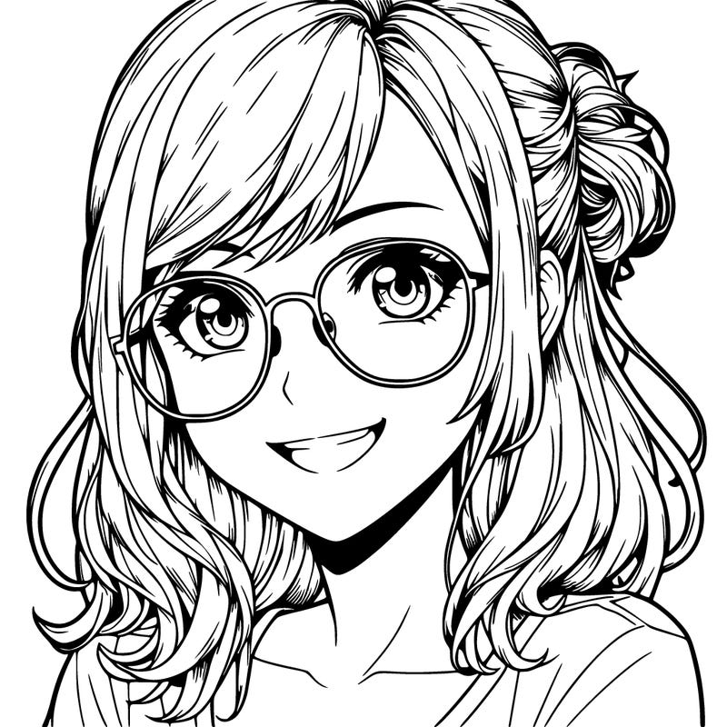 realistic girl with glasses smiling, eyes open