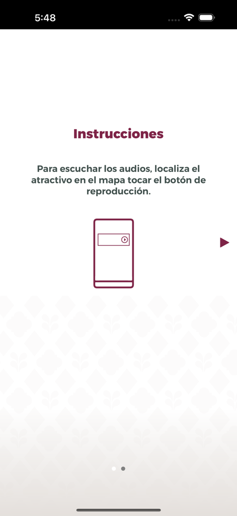 La Ciudad Como Museo - App instructions screen explaining how to listen to audio guides on the map.