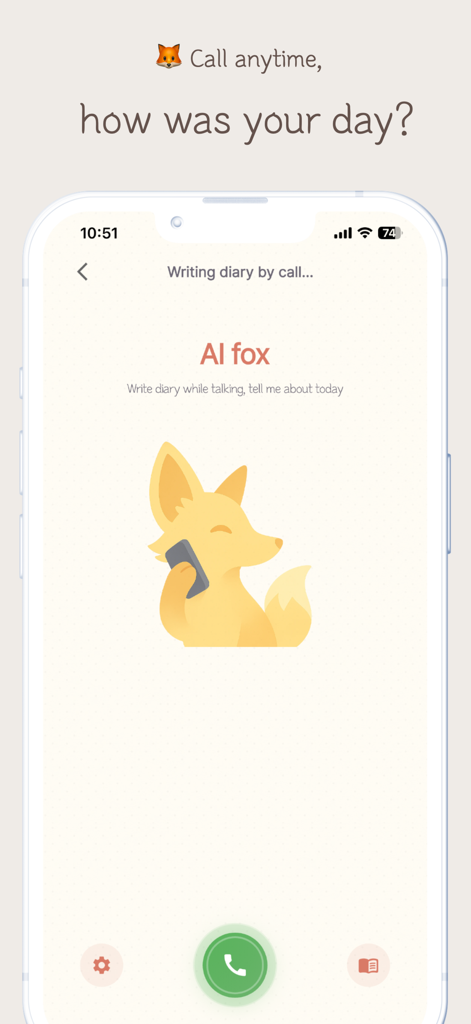 Callog - AI Diary - A mobile app interface of Callog AI Diary showing a voice call screen with an AI fox character to record personal thoughts.