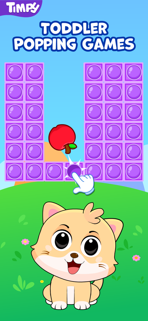 Pop It Games For 2 Year Olds - Un juguete pop-it morado en forma de U siendo jugado por una mano de dibujos animados junto a un lindo personaje de gato