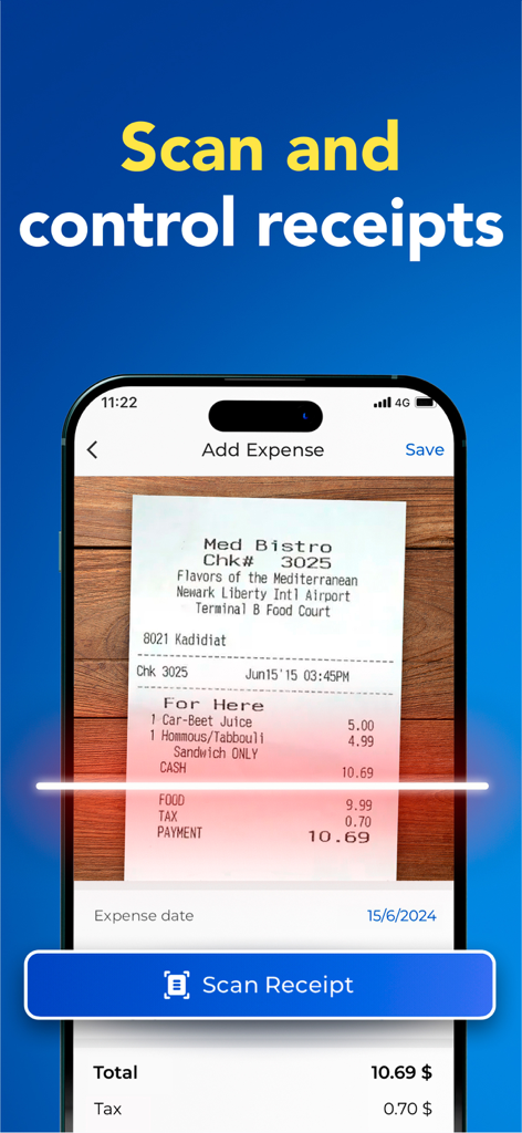 A smartphone interface scanning a paper receipt to track business expenses in the Invoice Fly app.