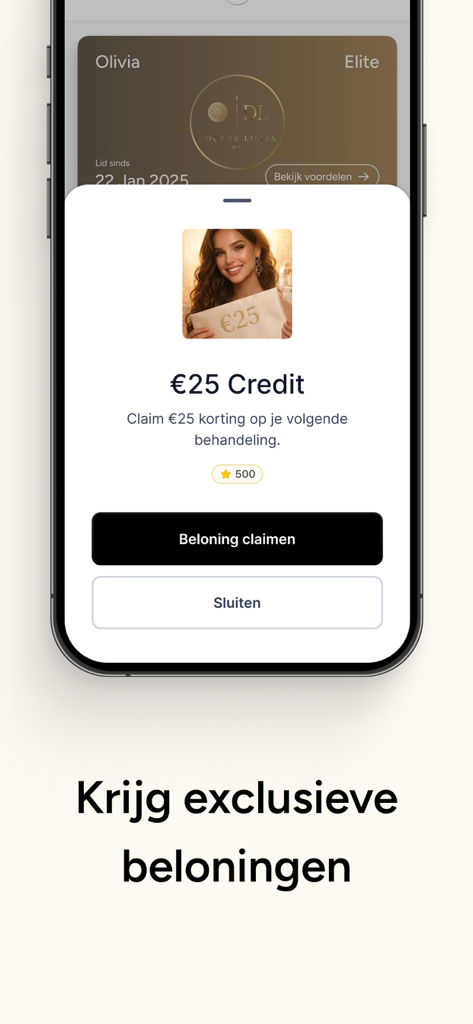 DL Beauty mobile app screen showing a 25 euro credit reward for loyalty points