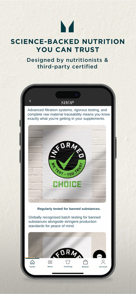 Myprotein app screen showing science-backed nutrition and Informed Choice certification for supplements.
