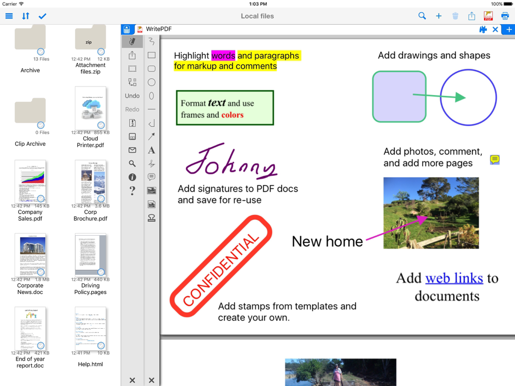 iPad上のWritePDFアプリのインターフェース。テキストハイライト、デジタル署名、スタンプなどのドキュメント注釈ツールが表示されています。