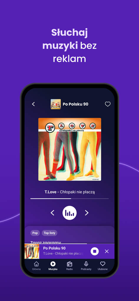 Open FM - Open FM app interface showing the music player for the Po Polsku 90 station with ad-free music messaging