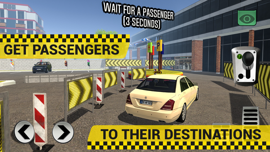 White taxi sedan waiting for passengers in a driving simulator game
