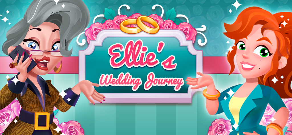 Ellie's Wedding Journey - 웨딩 테마를 특징으로 하는 Ellie's Wedding Journey 모바일 게임의 메인 캐릭터 및 타이틀 카드.